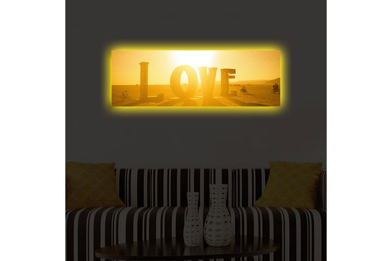 Canvastavla med LED-belysning 30x90 cm - Glänsande konstverk med ordet LOVE i guldtoner - Guld / Gul - Inredning - Tavlor & posters - Canvastavla