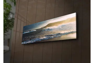 Canvastavla med LED-belysning 30x90 cm - Havslandskap med vågor och solnedgång - Blå / Beige / Mörkgrön - Inredning - Tavlor & posters - Canvastavla