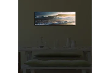 Canvastavla med LED-belysning 30x90 cm - Havslandskap med vågor och solnedgång - Blå / Beige / Mörkgrön - Inredning - Tavlor & posters - Canvastavla