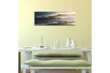 Canvastavla med LED-belysning 30x90 cm - Havslandskap med vågor och solnedgång - Blå / Beige / Mörkgrön - Inredning - Tavlor & posters - Canvastavla