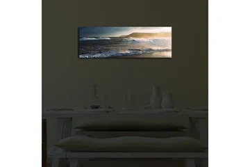 Canvastavla med LED-belysning 30x90 cm - Havslandskap med vågor och solnedgång - Blå / Beige / Mörkgrön - Inredning - Tavlor & posters - Canvastavla