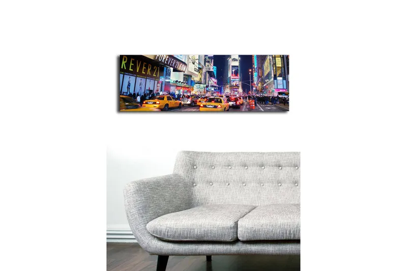 Canvastavla med LED-belysning 30x90 cm - Livlig stadsbild med gula taxibilar i en nattlig miljö - Gul / Blå / Svart - Inredning - Tavlor & posters - Canvastavla