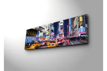 Canvastavla med LED-belysning 30x90 cm - Livlig stadsbild med gula taxibilar i en nattlig miljö - Gul / Blå / Svart - Inredning - Tavlor & posters - Canvastavla