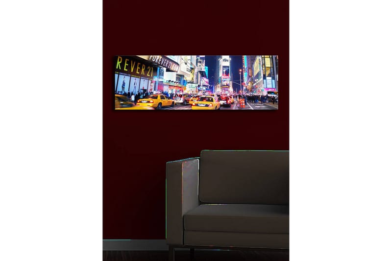Canvastavla med LED-belysning 30x90 cm - Livlig stadsbild med gula taxibilar i en nattlig miljö - Gul / Blå / Svart - Inredning - Tavlor & posters - Canvastavla