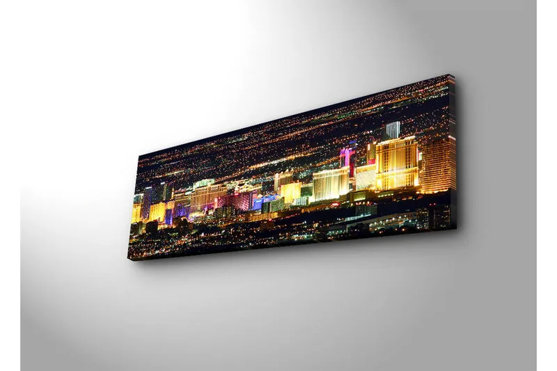 Canvastavla med LED-belysning 30x90 cm - Ljusfull vy av Las Vegas skyline på natten - Guld / Lila / Blå - Inredning - Tavlor & posters - Canvastavla