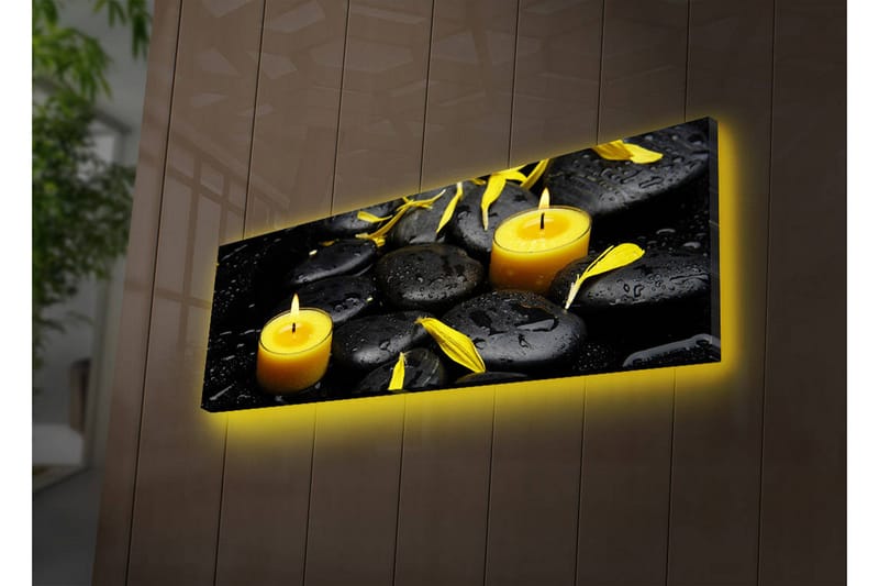 Canvastavla med LED-belysning 30x90 cm - Lugnande komposition med svarta stenar och brinnande ljus - Svart / Gul / Grå - Inredning - Tavlor & posters - Canvastavla