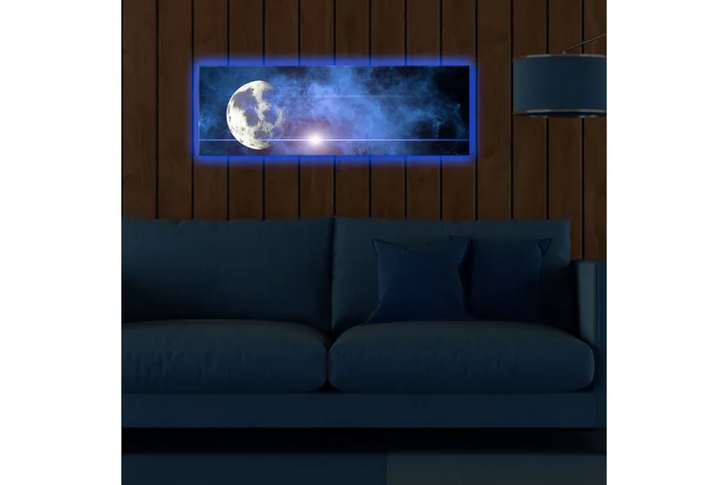 Canvastavla med LED-belysning 30x90 cm - Måne i en stjärnklar himmel med nebulosa - Mörkblå / Ljusblå / Vit - Inredning - Tavlor & posters - Canvastavla
