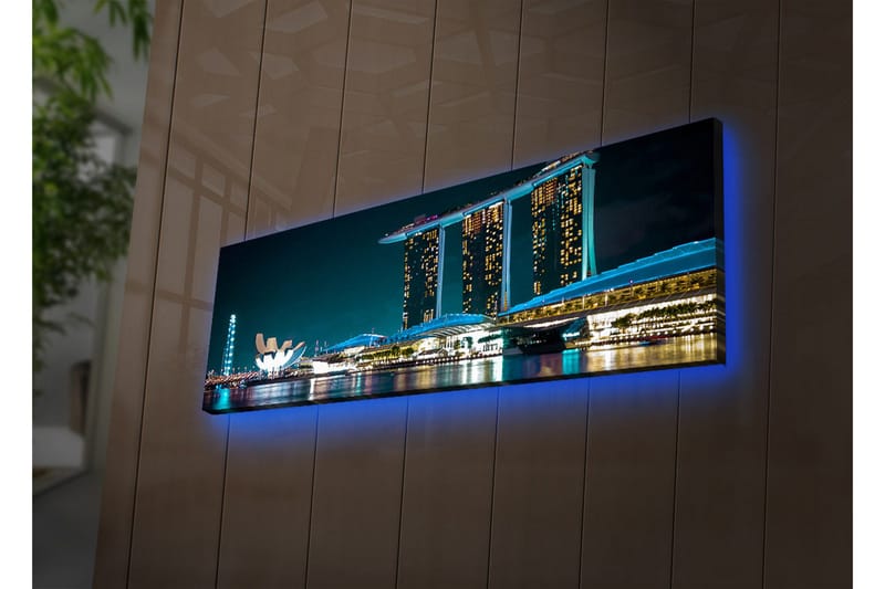 Canvastavla med LED-belysning 30x90 cm - Modern stadslandskap med futuristiska byggnader vid vattenytan, Mörkblå / Ljusblå / Vit