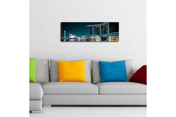 Canvastavla med LED-belysning 30x90 cm - Modern stadslandskap med futuristiska byggnader vid vattenytan - Mörkblå / Ljusblå / Vit - Inredning - Tavlor & posters - Canvastavla
