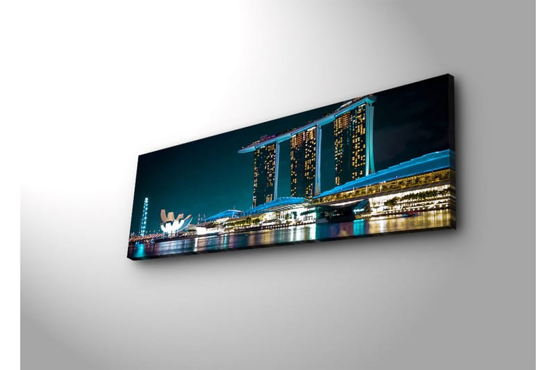 Canvastavla med LED-belysning 30x90 cm - Modern stadslandskap med futuristiska byggnader vid vattenytan - Mörkblå / Ljusblå / Vit - Inredning - Tavlor & posters - Canvastavla