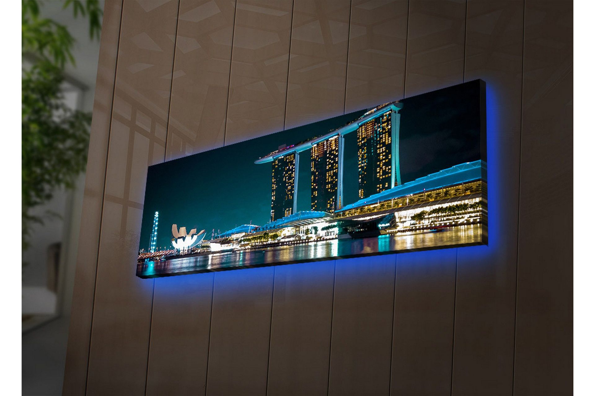 Canvastavla med LED-belysning 30x90 cm - Modern stadslandskap med futuristiska byggnader vid vattenytan - Mörkblå / Ljusblå / Vit