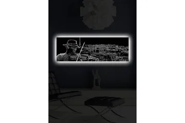 Canvastavla med LED-belysning 30x90 cm - Musiker som spelar fiol med en stadssilhuett i bakgrunden - Svart / Vit - Inredning - Tavlor & posters - Canvastavla