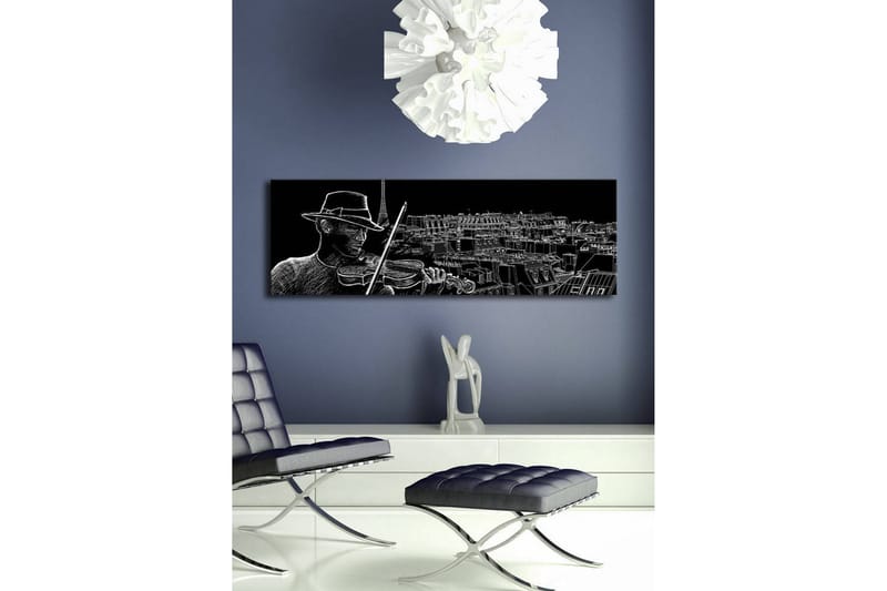 Canvastavla med LED-belysning 30x90 cm - Musiker som spelar fiol med en stadssilhuett i bakgrunden - Svart / Vit - Inredning - Tavlor & posters - Canvastavla
