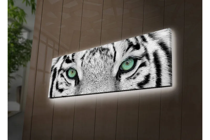 Canvastavla med LED-belysning 30x90 cm - Närbild av en vit tigers ögon med intensiva detaljer - Vit / Svart / Grön - Inredning - Tavlor & posters - Canvastavla