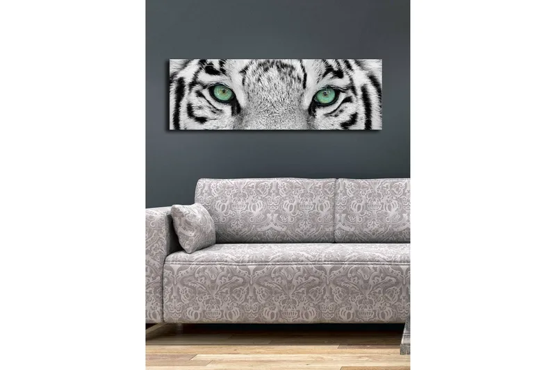 Canvastavla med LED-belysning 30x90 cm - Närbild av en vit tigers ögon med intensiva detaljer - Vit / Svart / Grön - Inredning - Tavlor & posters - Canvastavla