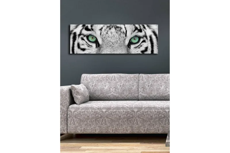 Canvastavla med LED-belysning 30x90 cm - Närbild av en vit tigers ögon med intensiva detaljer - Vit / Svart / Grön - Inredning - Tavlor & posters - Canvastavla