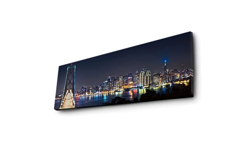 Canvastavla med LED-belysning 30x90 cm - Nattlig stadsbild med en bro och silhuetter av skyskrapor - Mörkblå / Ljusgrön / Vit - Inredning - Tavlor & posters - Canvastavla