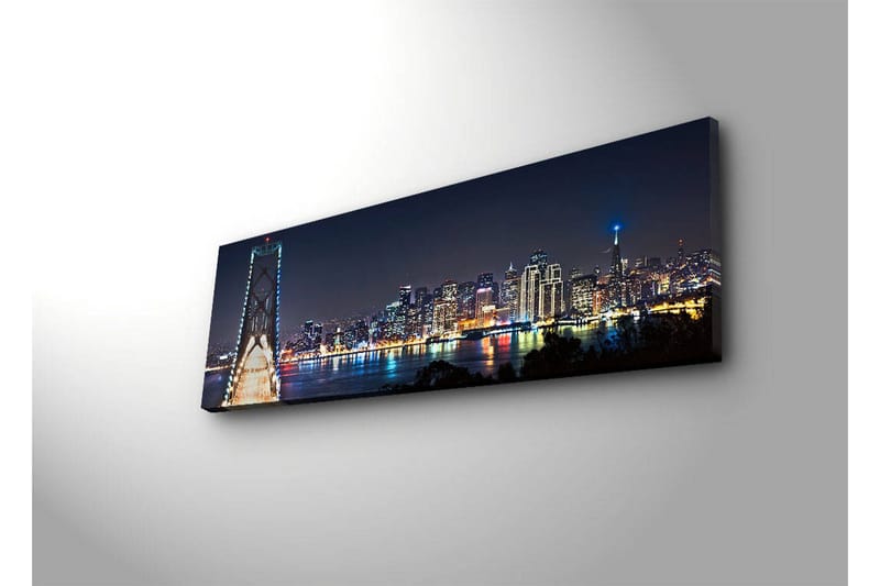 Canvastavla med LED-belysning 30x90 cm - Nattlig stadsbild med en bro och silhuetter av skyskrapor - Mörkblå / Ljusgrön / Vit - Inredning - Tavlor & posters - Canvastavla