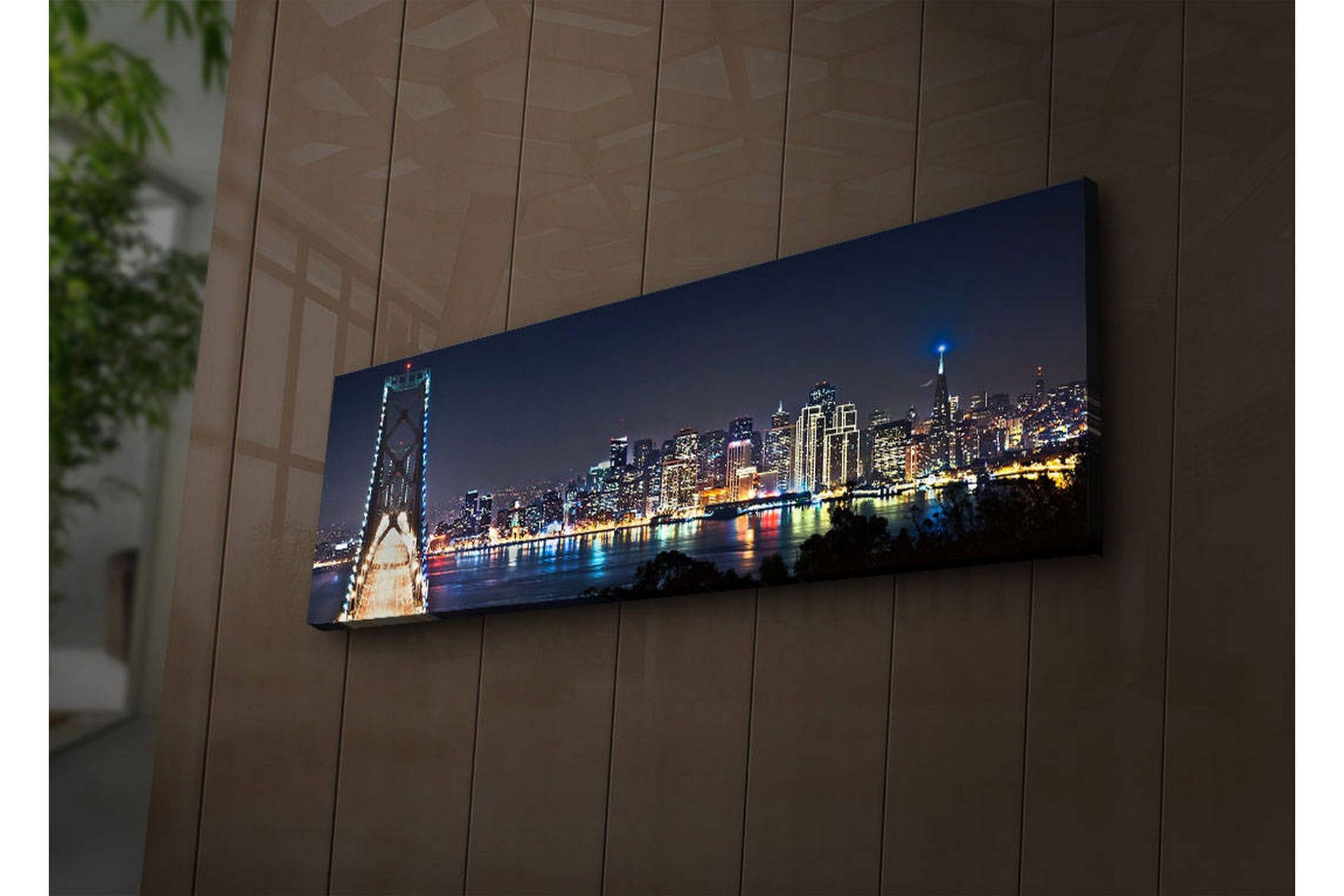 Canvastavla med LED-belysning 30x90 cm - Nattlig stadsbild med en bro och silhuetter av skyskrapor - Mörkblå / Ljusgrön / Vit