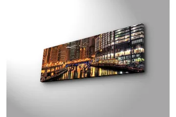 Canvastavla med LED-belysning 30x90 cm - Nattlig stadsbild med reflektioner i vattnet - Guld / Blå / Svart - Inredning - Tavlor & posters - Canvastavla
