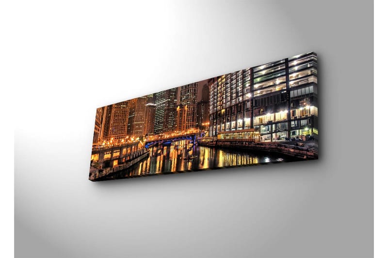 Canvastavla med LED-belysning 30x90 cm - Nattlig stadsbild med reflektioner i vattnet - Guld / Blå / Svart - Inredning - Tavlor & posters - Canvastavla