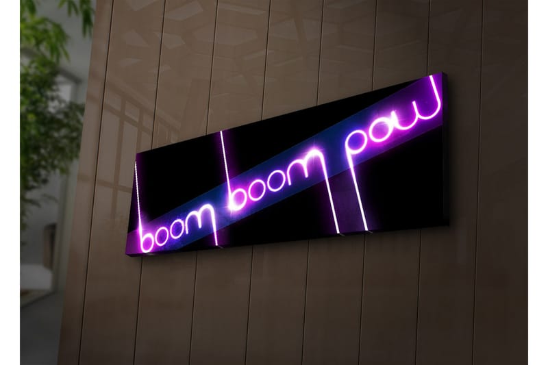 Canvastavla med LED-belysning 30x90 cm - Neonljus med texten boom boom pow, Lila / Rosa / Svart