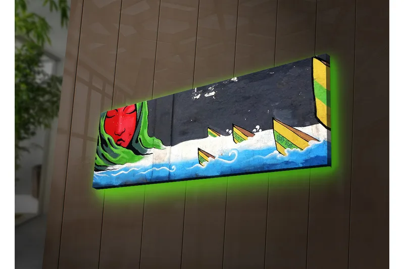 Canvastavla med LED-belysning 30x90 cm - Röd ansikte med grön sjal och båtar på en vågig blå bakgrund - Röd / Grön / Blå - Inredning - Tavlor & posters - Canvastavla