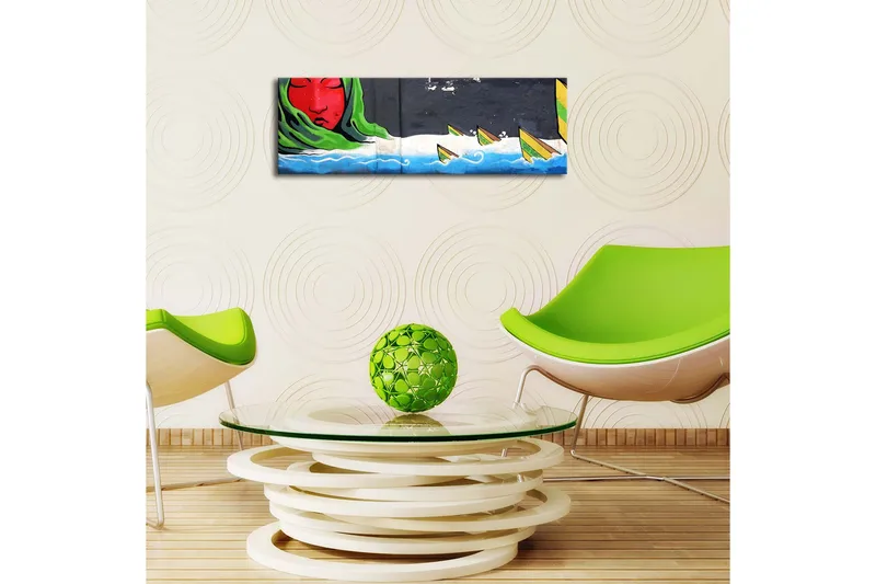 Canvastavla med LED-belysning 30x90 cm - Röd ansikte med grön sjal och båtar på en vågig blå bakgrund - Röd / Grön / Blå - Inredning - Tavlor & posters - Canvastavla