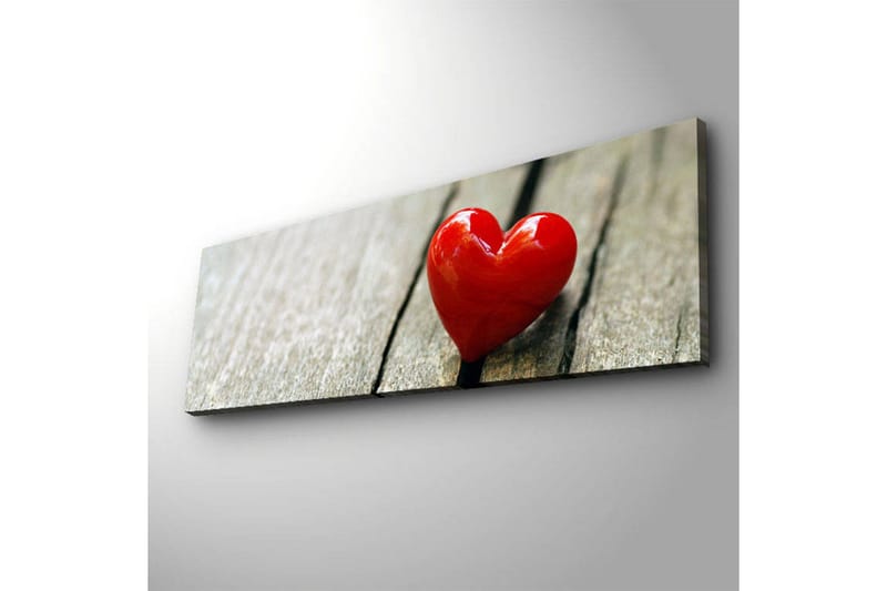 Canvastavla med LED-belysning 30x90 cm - Röd hjärtformad dekoration på en träyta - Röd / Brun - Inredning - Tavlor & posters - Canvastavla