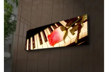 Canvastavla med LED-belysning 30x90 cm - Röd ros på ett piano med svarta och vita tangenter - Röd / Svart / Vit - Inredning - Tavlor & posters - Canvastavla
