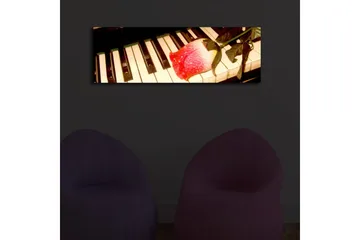 Canvastavla med LED-belysning 30x90 cm - Röd ros på ett piano med svarta och vita tangenter - Röd / Svart / Vit - Inredning - Tavlor & posters - Canvastavla