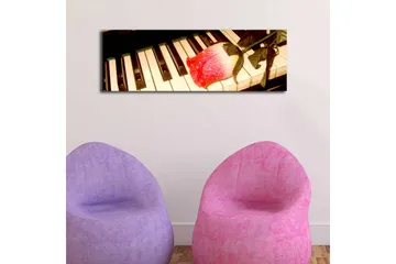 Canvastavla med LED-belysning 30x90 cm - Röd ros på ett piano med svarta och vita tangenter - Röd / Svart / Vit - Inredning - Tavlor & posters - Canvastavla