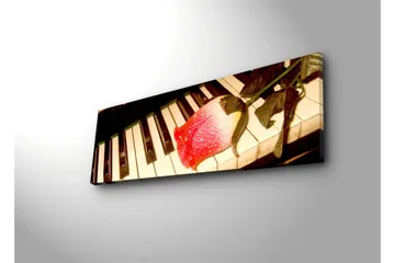 Canvastavla med LED-belysning 30x90 cm - Röd ros på ett piano med svarta och vita tangenter - Röd / Svart / Vit - Inredning - Tavlor & posters - Canvastavla