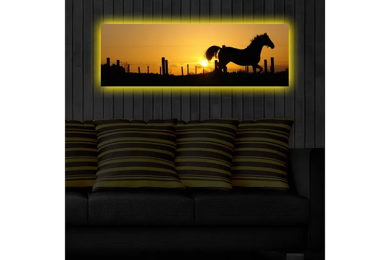 Canvastavla med LED-belysning 30x90 cm - Silhuett av en häst som galopperar i solnedgången - Mörkbrun / Orange / Gul - Inredning - Tavlor & posters - Canvastavla