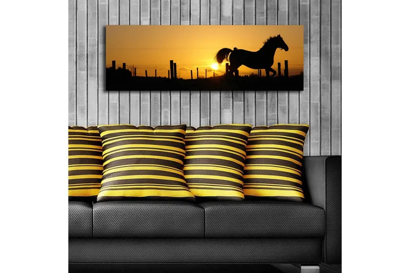 Canvastavla med LED-belysning 30x90 cm - Silhuett av en häst som galopperar i solnedgången - Mörkbrun / Orange / Gul - Inredning - Tavlor & posters - Canvastavla