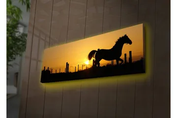 Canvastavla med LED-belysning 30x90 cm - Silhuett av en häst som galopperar i solnedgången - Mörkbrun / Orange / Gul - Inredning - Tavlor & posters - Canvastavla