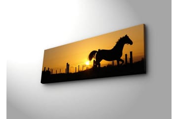 Canvastavla med LED-belysning 30x90 cm - Silhuett av en häst som galopperar i solnedgången - Mörkbrun / Orange / Gul - Inredning - Tavlor & posters - Canvastavla