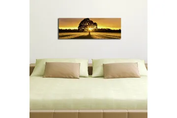 Canvastavla med LED-belysning 30x90 cm - Silhuett av ett träd mot en gyllene solnedgång - Guld / Svart / Grön - Inredning - Tavlor & posters - Canvastavla