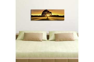 Canvastavla med LED-belysning 30x90 cm - Silhuett av ett träd mot en gyllene solnedgång - Guld / Svart / Grön - Inredning - Tavlor & posters - Canvastavla