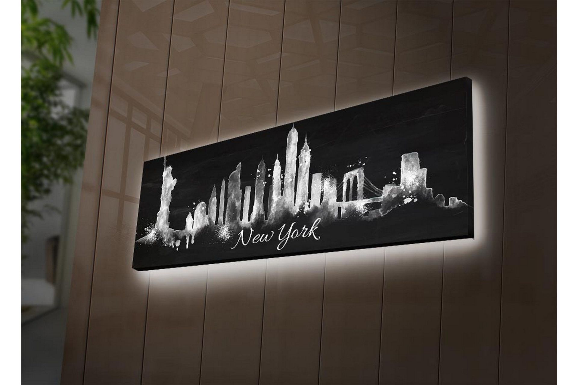 Canvastavla med LED-belysning 30x90 cm - Silhuett av New Yorks skyline med ikoniska byggnader - Svart / Vitt