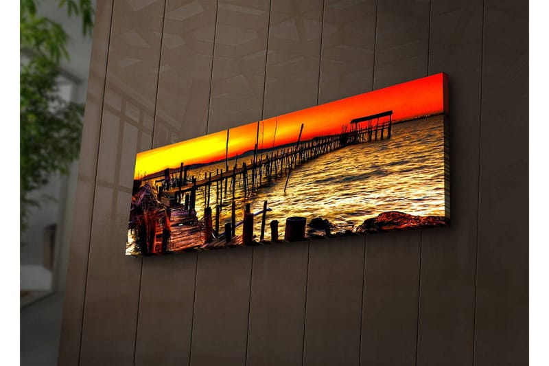 Canvastavla med LED-belysning 30x90 cm - Solnedgång över en brygga vid havet - Orange / Guld / Blå - Inredning - Tavlor & posters - Canvastavla