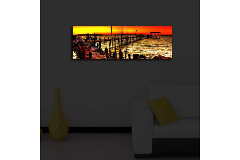 Canvastavla med LED-belysning 30x90 cm - Solnedgång över en brygga vid havet - Orange / Guld / Blå - Inredning - Tavlor & posters - Canvastavla