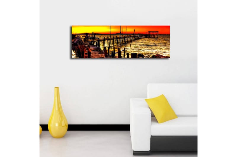 Canvastavla med LED-belysning 30x90 cm - Solnedgång över en brygga vid havet - Orange / Guld / Blå - Inredning - Tavlor & posters - Canvastavla