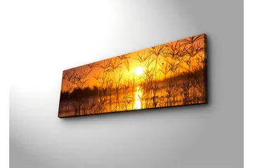 Canvastavla med LED-belysning 30x90 cm - Solnedgång över en spegelblanka sjö med gräs i förgrunden - Orange / Guld / Svart - Inredning - Tavlor & posters - Canvastavla