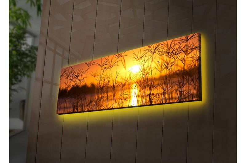 Canvastavla med LED-belysning 30x90 cm - Solnedgång över en spegelblanka sjö med gräs i förgrunden - Orange / Guld / Svart - Inredning - Tavlor & posters - Canvastavla