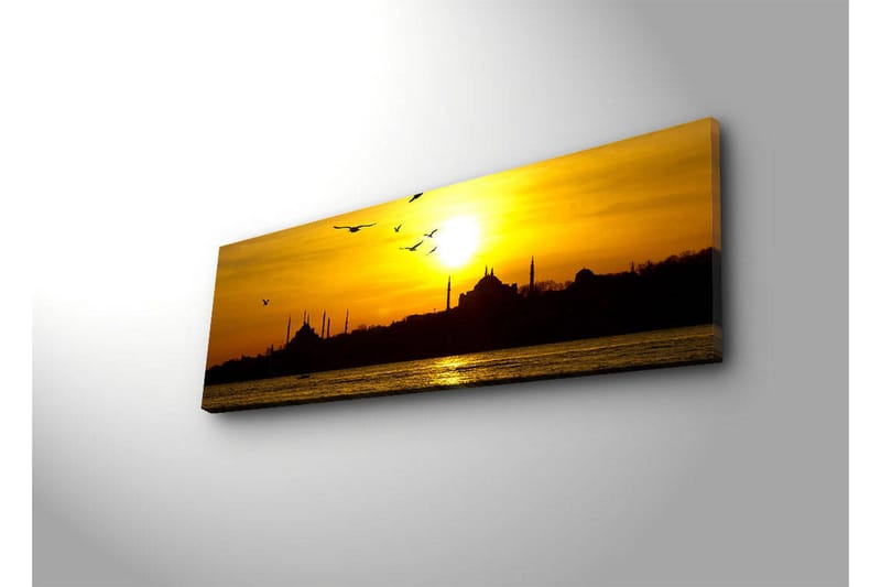 Canvastavla med LED-belysning 30x90 cm - Solnedgång över en stadssilhuett med fåglar i flykt - Guld / Svart / Orange - Inredning - Tavlor & posters - Canvastavla