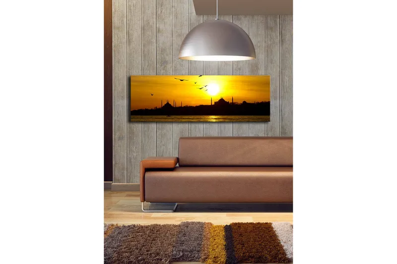 Canvastavla med LED-belysning 30x90 cm - Solnedgång över en stadssilhuett med fåglar i flykt - Guld / Svart / Orange - Inredning - Tavlor & posters - Canvastavla