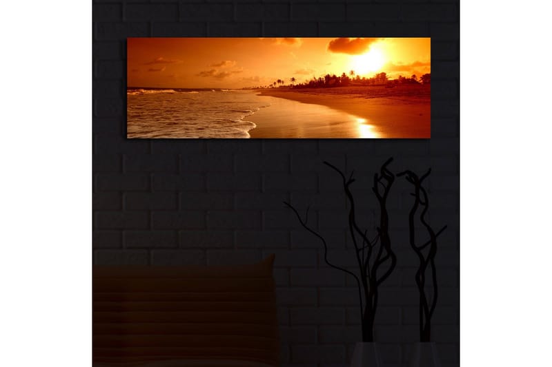 Canvastavla med LED-belysning 30x90 cm - Solnedgång över en strand med palmer i silhuett - Orange / Guld / Brun - Inredning - Tavlor & posters - Canvastavla