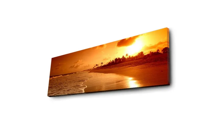 Canvastavla med LED-belysning 30x90 cm - Solnedgång över en strand med palmer i silhuett - Orange / Guld / Brun - Inredning - Tavlor & posters - Canvastavla