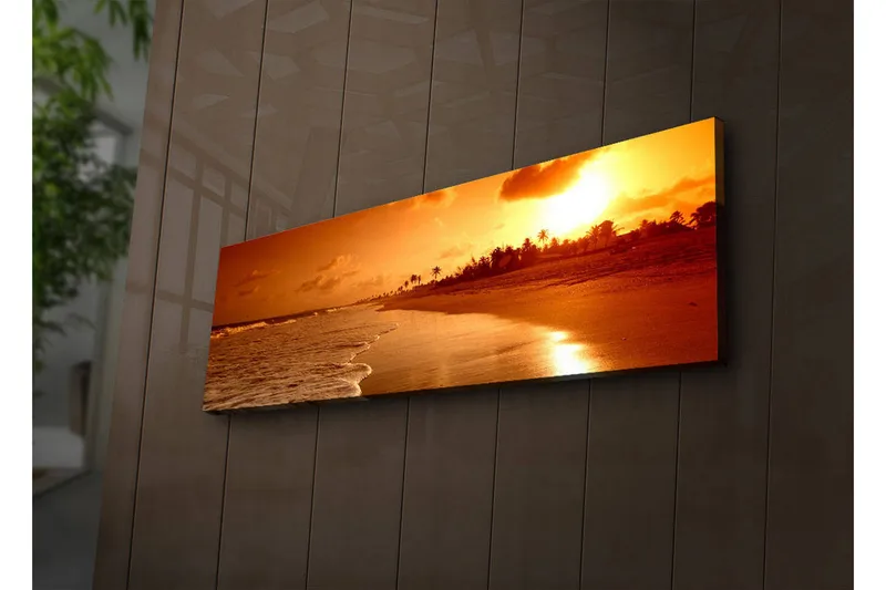Canvastavla med LED-belysning 30x90 cm - Solnedgång över en strand med palmer i silhuett - Orange / Guld / Brun - Inredning - Tavlor & posters - Canvastavla